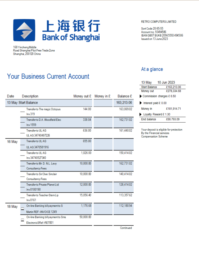 Modèle Word et PDF de relevé de compte d'entreprise de la Banque de Shanghai